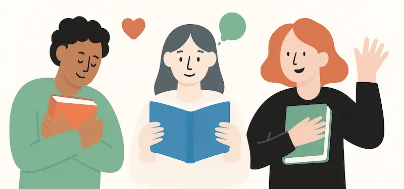 Trois personnes lisant des livres avec des expressions de joie et d'intérêt